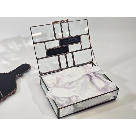 Antique Stained Glass Handmade Mirror Trinket Jewelry Box Vanity Set Art Deco - Picture 12 of 15